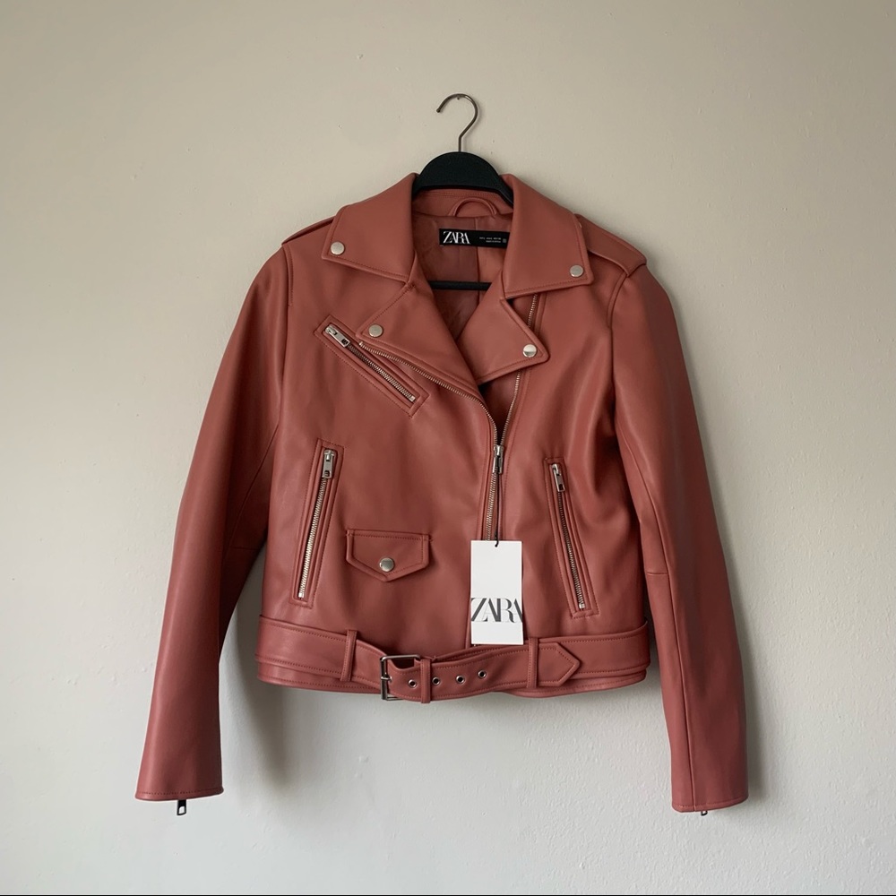 Pink Zara Faux Leather Moto Jacket